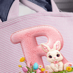 Personalised Simulated 3D Printing Effect Bunny Rabbit Ears Striped Easter Basket with Initial and Name Easter Party Favor Eggs Hunting Gift for Kids