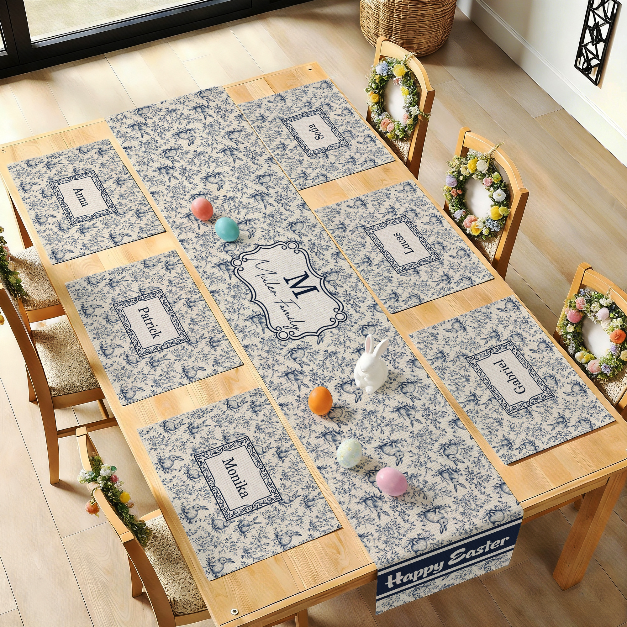 Chemin de table lapin de Pâques et sets de table assortis avec nom Toile de Jouy personnalisée Décoration de table de salle à manger Cadeau de Pâques pour la famille et les amis
