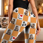 Personalized 1-4 Pet Photos Paw Print Checkerboard Stretch Leggings Yoga Pants with Names Daily Sports Accessories Birthday Gift for Pet Lovers Owners