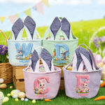 Personalised Simulated 3D Printing Effect Bunny Rabbit Ears Striped Easter Basket with Initial and Name Easter Party Favor Eggs Hunting Gift for Kids