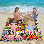 Personlig graffitistil tecknad karaktär mjuk snabbtorkande överdimensionerad strandhandduk med namn resa semester väsentlig födelsedagspresent för barn vuxna