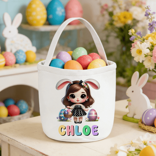 Gepersonaliseerd schattig meisje Bunny paasei grote capaciteit canvas paasmand met naam eieren jacht partij paasdag geschenk voor kinderen