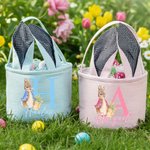 Personalized Cute Peter Rabbit Ears Canvas Stripe Easter Basket with Name and Initial Party Favor Eggs Hunting Easter Gift for Kids