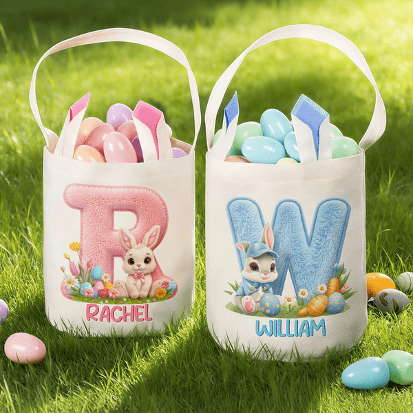 Henkilökohtainen söpö Bunny Ears Rabbit pääsiäiskori, jossa nimi ja alkuperäiset munat Metsästys Party Favor pääsiäislahja pojille tytöille