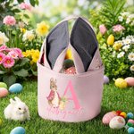 Personalized Cute Peter Rabbit Ears Canvas Stripe Easter Basket with Name and Initial Party Favor Eggs Hunting Easter Gift for Kids