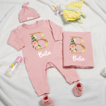 Personalized Multicolor Initial Floral Fesign 100% Cotton Baby Romper Hat Blanket Outfit with Gift Box Name Baby Shower  Coming Home Gift for Newborn