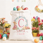 Personalized Peter Rabbit Bow Wreath Drawstring Canvas Gift Bag with Name and Initial Daily Storage Easter Gift for Boys Girls
