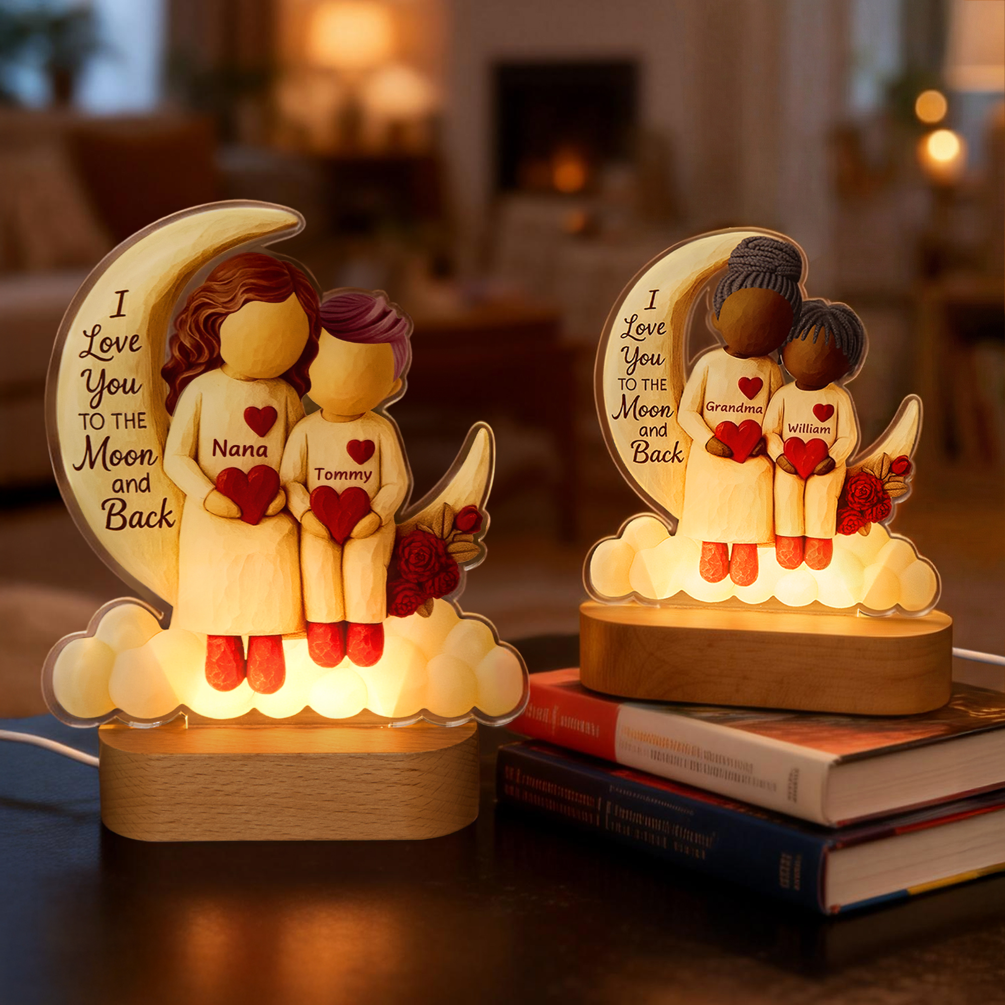 Veilleuse LED en acrylique personnalisée avec nom et socle en bois Décoration de chambre Cadeau d'anniversaire pour enfant Grand-mère
