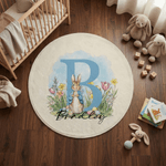 Tappetino da pavimento rotondo con nome e iniziali personalizzato con uovo di Pasqua di Peter Rabbit, regalo di Pasqua per bambini.