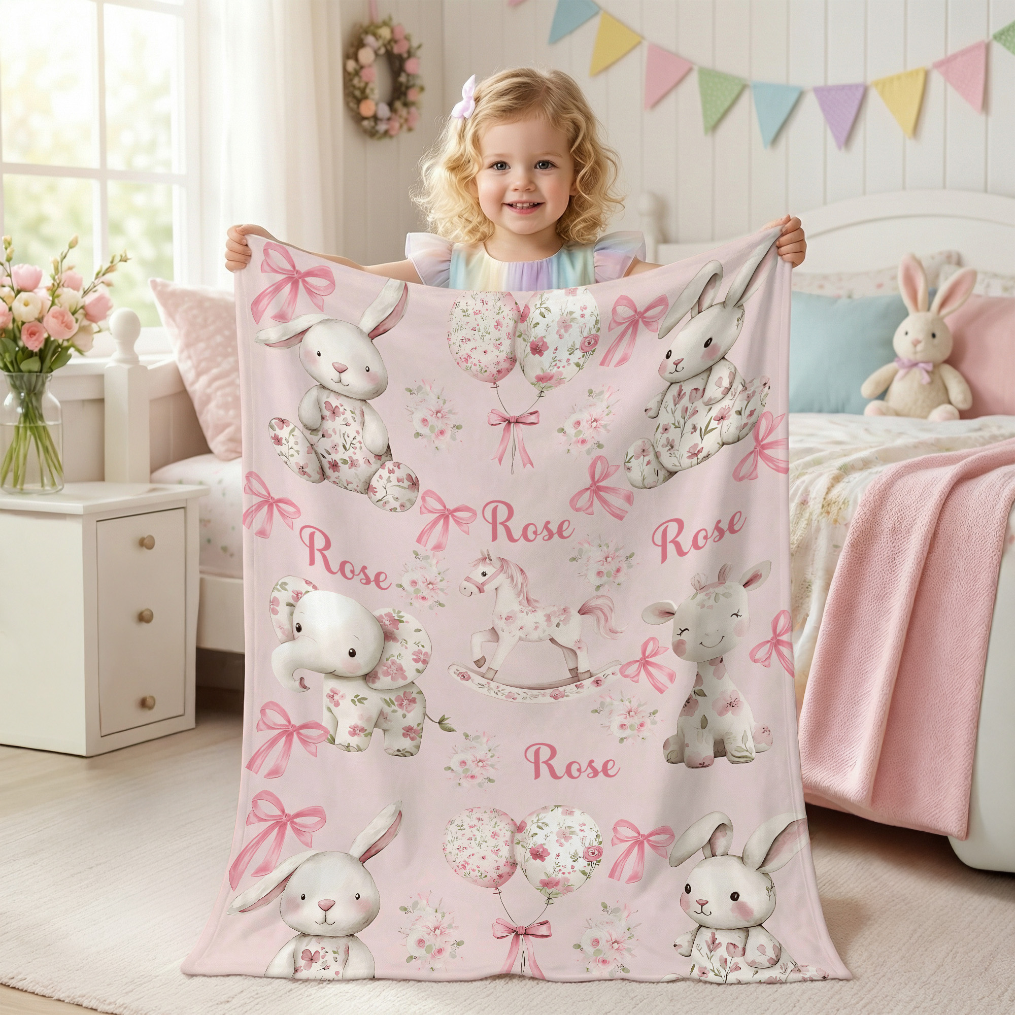 Personnalisé Floral Bunny Elephant Ponny Pink Soft Throw Blanket with Name Nursery Decor Easter Birthday Gift for Kids Girls (Cadeau d'anniversaire de Pâques pour les enfants)