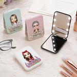Personalized Cartoon Female Character Birth Flower LED Makeup Pocket Mirror with Name Travel Daily Use Birthday Wedding Gift for Women Besties