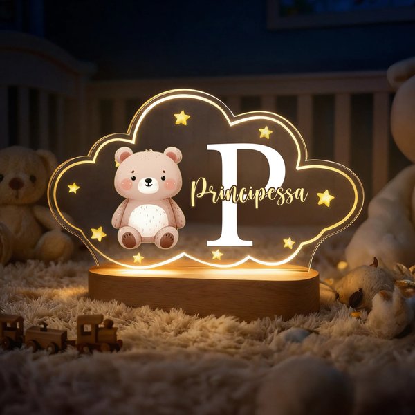 Luce notturna personalizzata in acrilico LED con animali carini stella e nuvola con nome e base in legno regalo per bambini e neonati