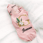 Personalized Multicolor Initial Floral Fesign 100% Cotton Baby Romper Hat Blanket Outfit with Gift Box Name Baby Shower  Coming Home Gift for Newborn