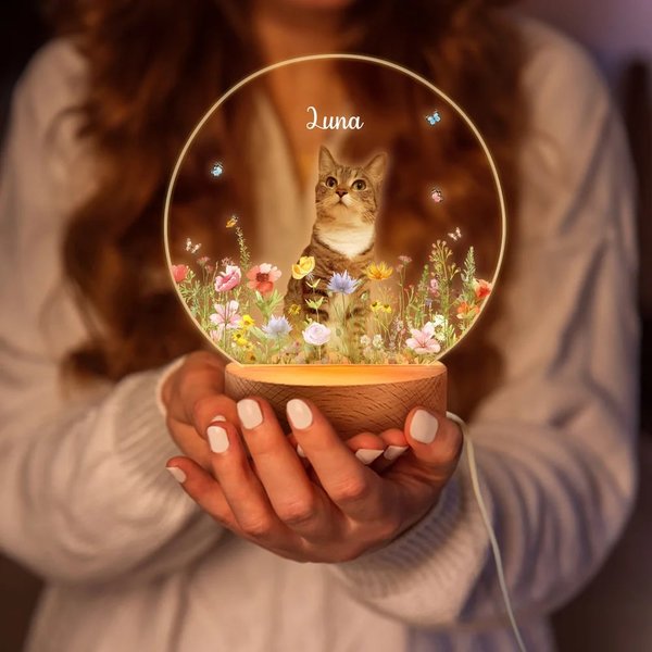 Gepersonaliseerd LED Nachtlampje met Bloemen en Huisdierfoto met Naam en Datum Houten Basis Herinnering of Verjaardagscadeau voor Huisdierliefhebbers