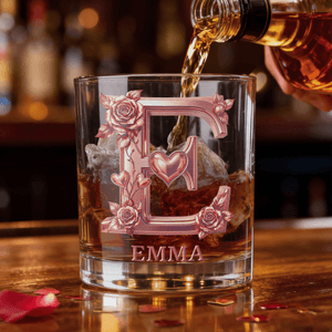 Verre à whisky personnalisé Rose Love Initial 10 oz avec nom Cadeau de fête des mères Cadeau d'anniversaire pour femme Buveuse de whisky Barman