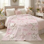 Personalised Floral Bunny Elephant Ponny Pink Soft Throw Blanket with Name Nursery Decor Easter Birthday Gift for Kids Girls