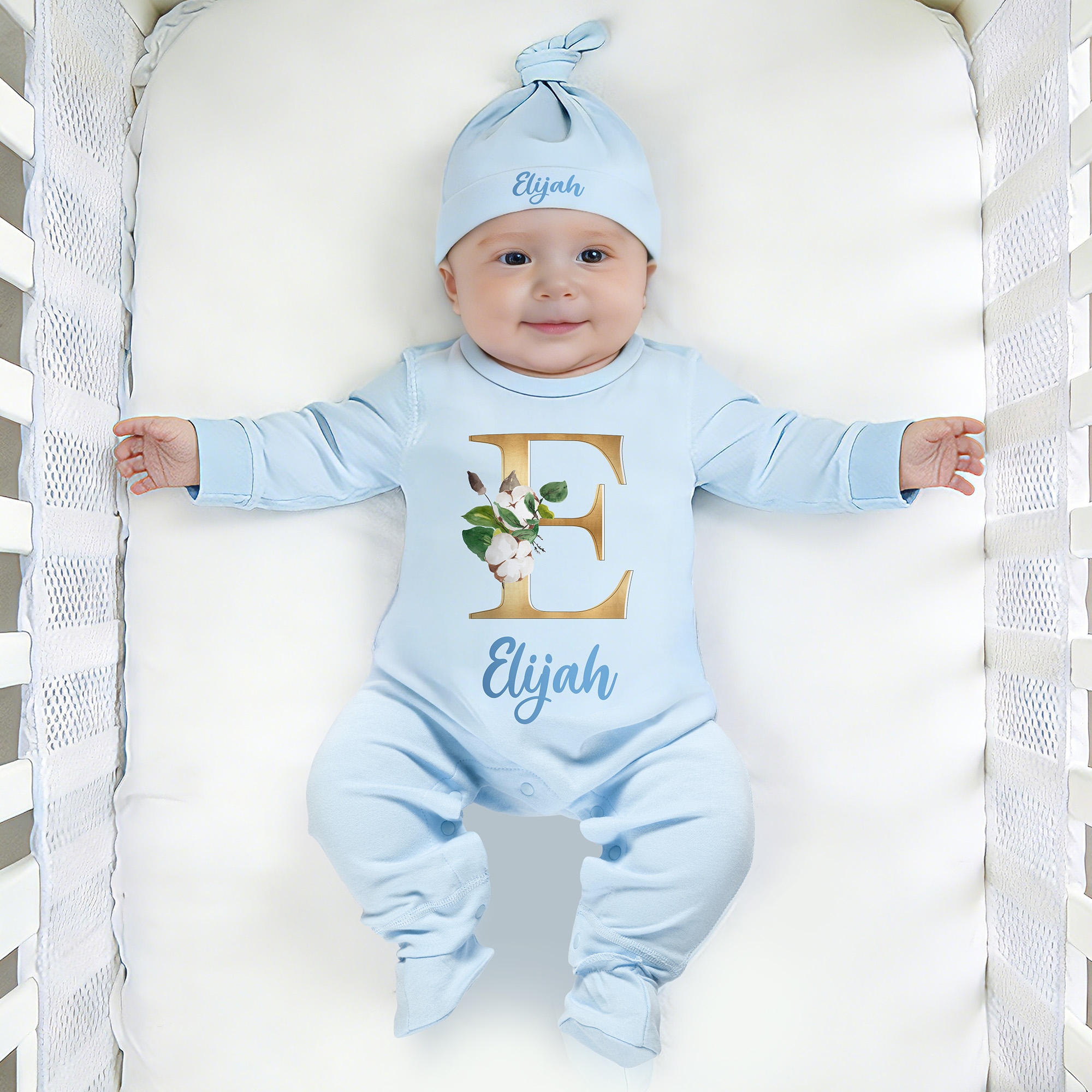 Personnalisé Multicolore Initial Floral Fesign 100% Cotton Baby Romper Hat Blanket Outfit with Gift Box Name Baby Shower Coming Home Gift for Newborn