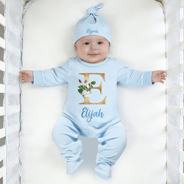 Personalized Multicolor Initial Floral Fesign 100% Cotton Baby Romper Hat Blanket Outfit with Gift Box Name Baby Shower  Coming Home Gift for Newborn