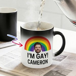 Personalised Funny Rude I'm Gay Rainbow Face Photo 12 oz Thermochromic Ceramic Coffee Mug with Name Pride Month Birthday Gift for Gay Men