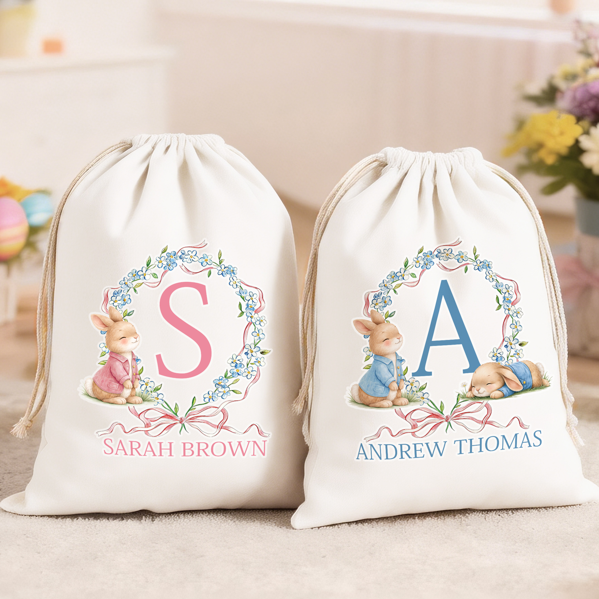 Sac en toile avec nom et initiales pour le rangement quotidien Cadeau de Pâques pour garçons filles