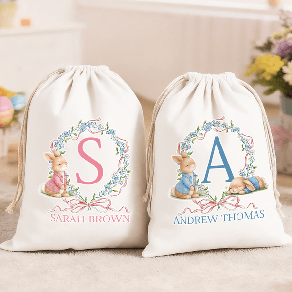 Personalized Peter Rabbit Bow Wreath Drawstring Canvas Gift Bag with Name and Initial Daily Storage Easter Gift for Boys Girls