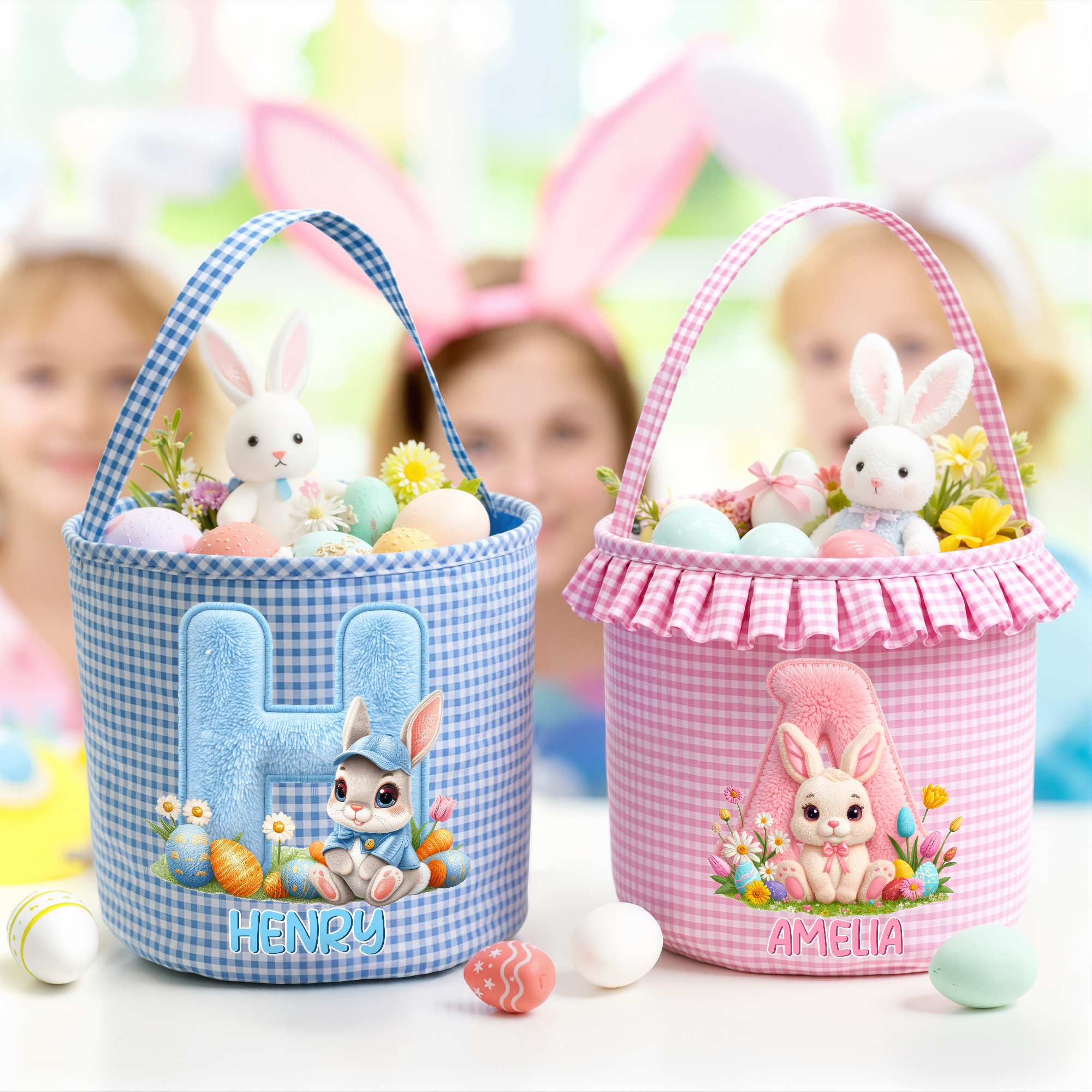 Panier de Pâques personnalisé avec le nom du lapin de Pâques, les initiales de la fleur, la grande capacité de la corbeille de Pâques avec le nom des oeufs de chasse Cadeau de Pâques pour les garçons