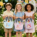 Personalized Cute Peter Rabbit Ears Canvas Stripe Easter Basket with Name and Initial Party Favor Eggs Hunting Easter Gift for Kids