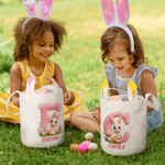 Henkilökohtainen söpö Bunny Ears Rabbit pääsiäiskori, jossa nimi ja alkuperäiset munat Metsästys Party Favor pääsiäislahja pojille tytöille