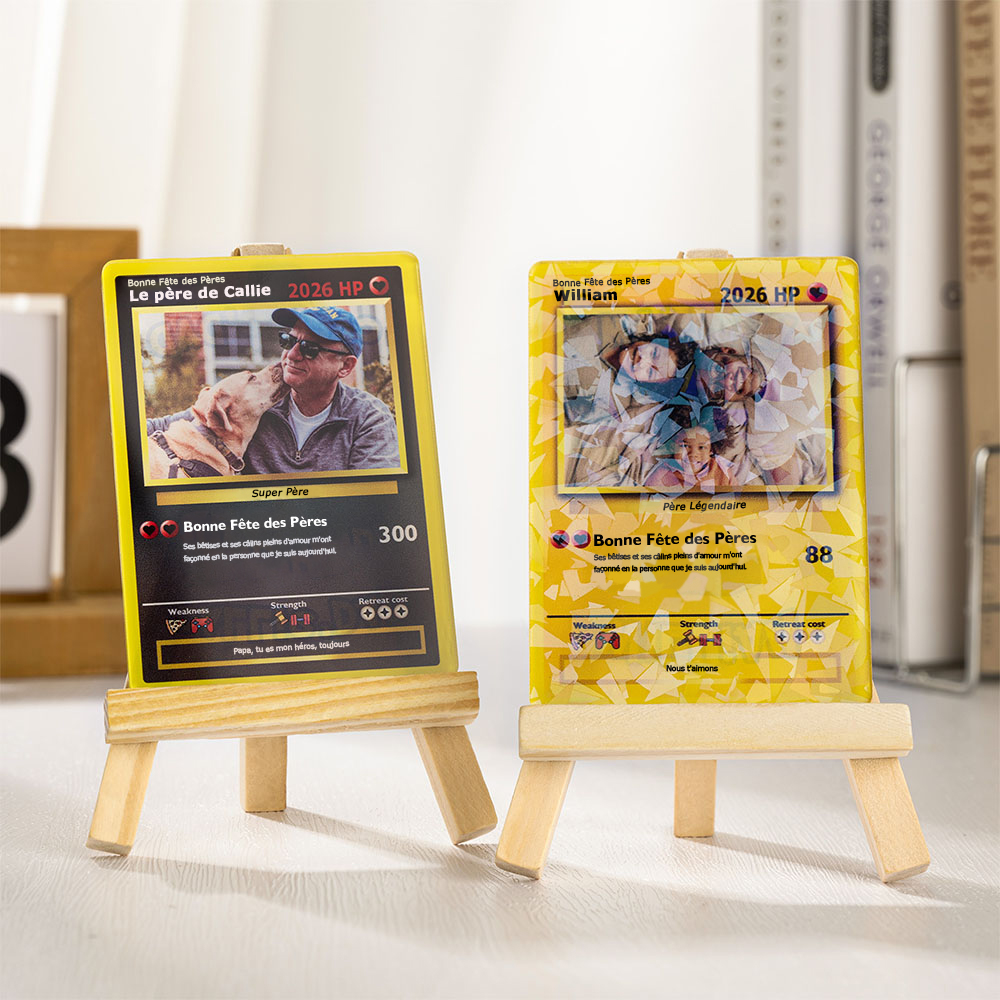 Carte Pokémon Classique TCG Personnalisée avec Photo et Texte Support en Bois Cadeau Fête des Pères ou Anniversaire pour Papa