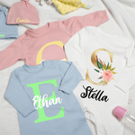 Personalized Multicolor Initial Floral Fesign 100% Cotton Baby Romper Hat Blanket Outfit with Gift Box Name Baby Shower  Coming Home Gift for Newborn