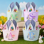 Personalized Cute Peter Rabbit Ears Stripe Easter Basket with Name and Initial Easter Party Favor Eggs Hunting Gift for Kids
