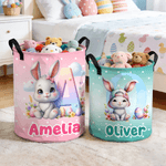 Personalized Polka Dot Easter Bunny Large Waterproof Name Initial Laundry Storage Basket with Handle Birthday Housewarming Gift for Kids