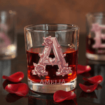 Personalized Rose Love Initial 10 oz Rock Whiskey Glass with Name Mother's Day Birthday Gift for Woman Whiskey  Drinker Bartender