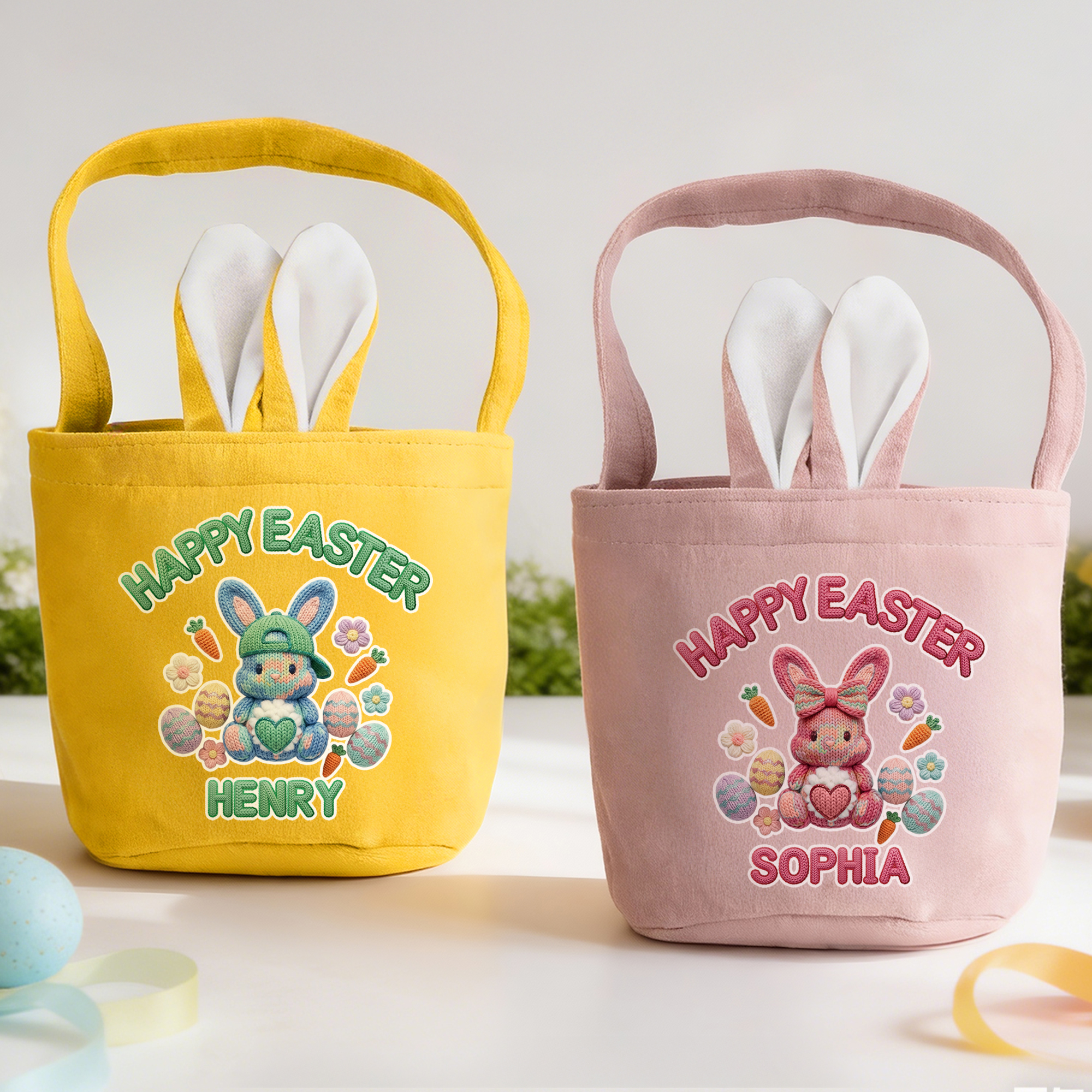 Panier de Pâques personnalisé en tricot style Lapin de Pierre avec nom Cadeau de Pâques pour garçons filles