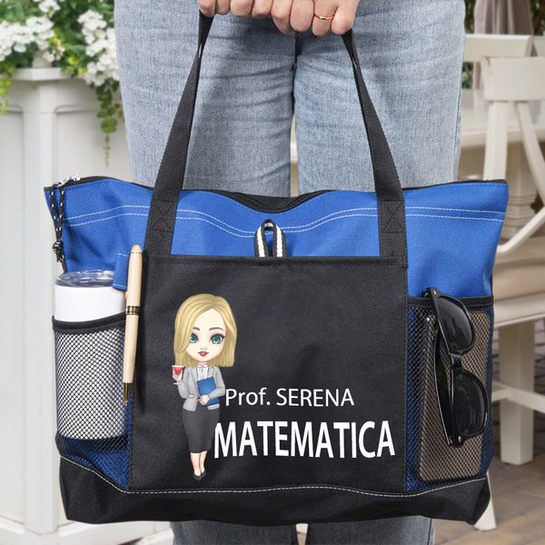Borsa tote capiente personalizzata con nome e personaggio animato, con tasca a rete - Regalo speciale di ritorno a scuola per insegnanti