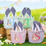 Personalized Cute Peter Rabbit Ears Canvas Stripe Easter Basket with Name and Initial Party Favor Eggs Hunting Easter Gift for Kids