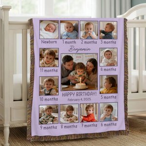 Personalised Infant Life Milestones 13 Photos Tassel Soft Throw Blanket with Name Text Baby Shower Birthday Gift for Newborns
