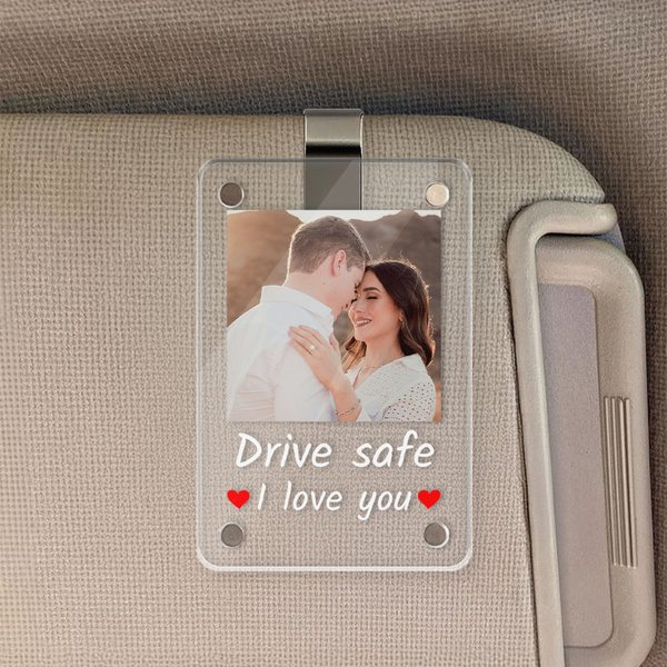 Clip per visiera dell'auto personalizzata con foto quadrata e testo Accessorio per auto Regalo di San Valentino per l'anniversario della coppia