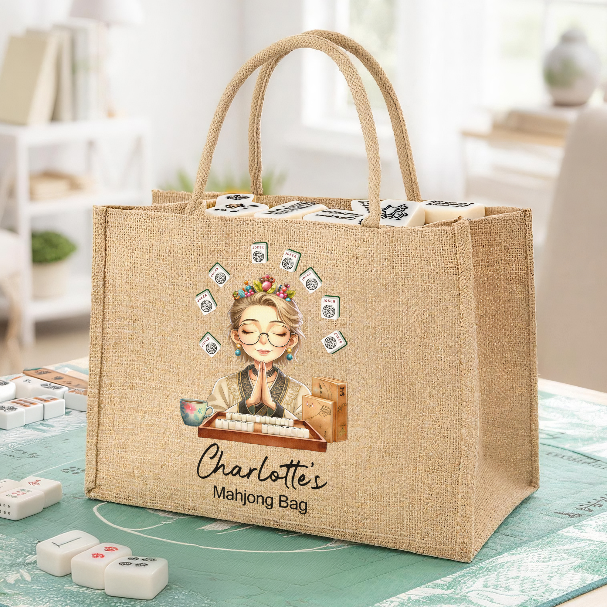 Personalizzato Cartoon Mahjong Personaggio di grande capacità Borsa di iuta con nome Uso quotidiano Mahjong Club Regalo per gli amici della famiglia A