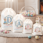 Personalized Peter Rabbit Bow Wreath Drawstring Canvas Gift Bag with Name and Initial Daily Storage Easter Gift for Boys Girls