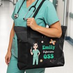Borsa personalizzata con personaggio animato e nome, tessuto Oxford con tasca a rete - Regalo per infermiere o personale medico