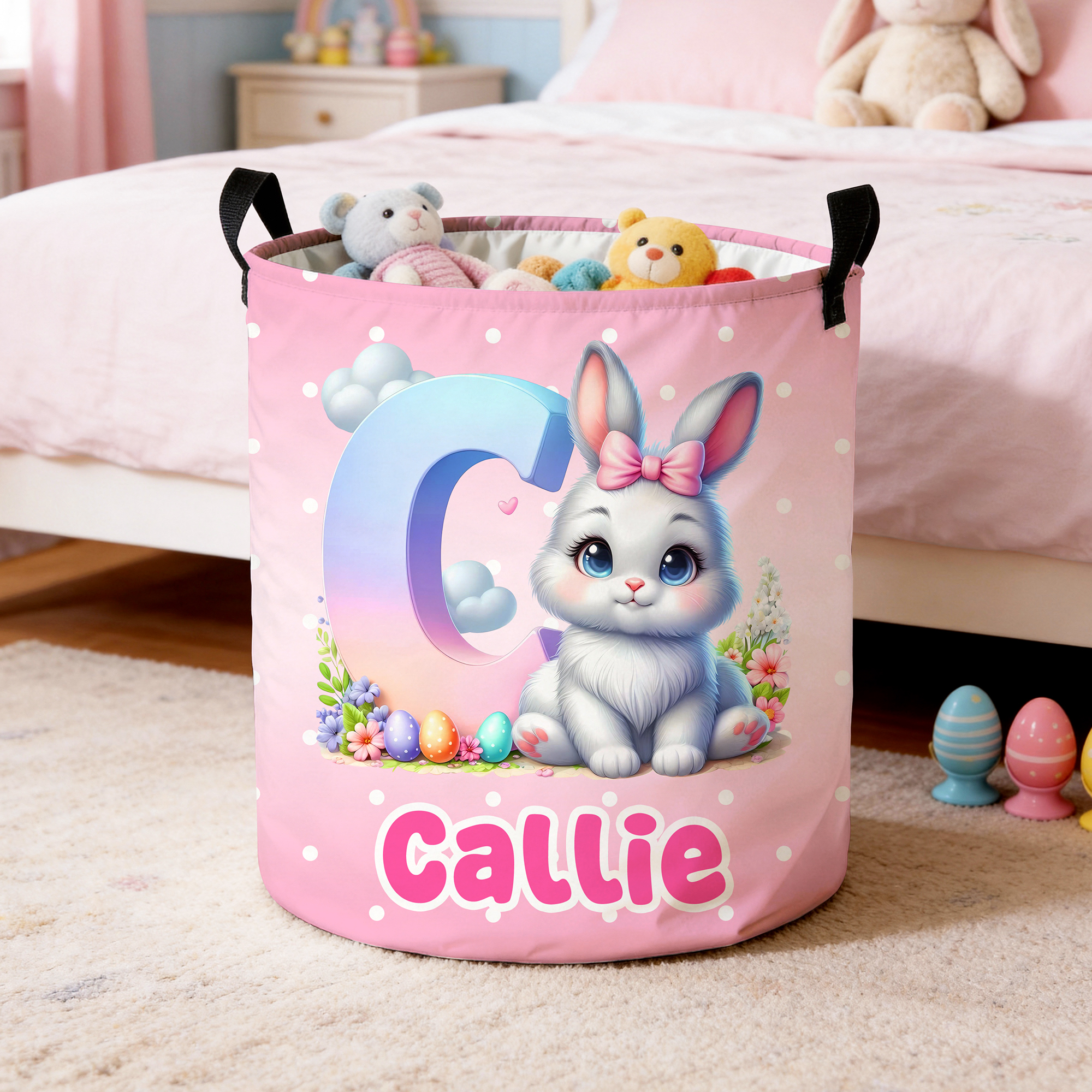 Panier à linge imperméable à pois pour lapin de Pâques avec poignée Cadeau d'anniversaire et de pendaison de crémaillère pour enfants