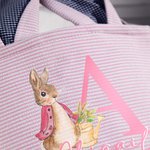 Personalized Cute Peter Rabbit Ears Canvas Stripe Easter Basket with Name and Initial Party Favor Eggs Hunting Easter Gift for Kids