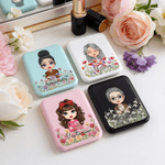 Personalized Cartoon Female Character Birth Flower LED Makeup Pocket Mirror with Name Travel Daily Use Birthday Wedding Gift for Women Besties