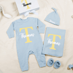 Personalized Multicolor Initial Floral Fesign 100% Cotton Baby Romper Hat Blanket Outfit with Gift Box Name Baby Shower  Coming Home Gift for Newborn