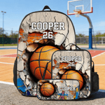 Personalised Basketball Baseball Crack Wall Backpack Lunch Bag Pencil Case Set with Name and Number Back to School Team Day Birthday Gift for Kids
