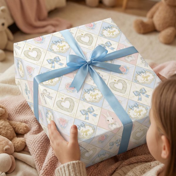 Gepersonaliseerd Strikje Konijntje Bloemen Inpakpapier met Naam Set van 3 Kinderdag Verjaardag Pasen Cadeau voor Kinderen