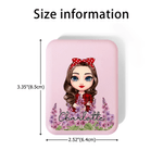 Personalized Cartoon Female Character Birth Flower LED Makeup Pocket Mirror with Name Travel Daily Use Birthday Wedding Gift for Women Besties