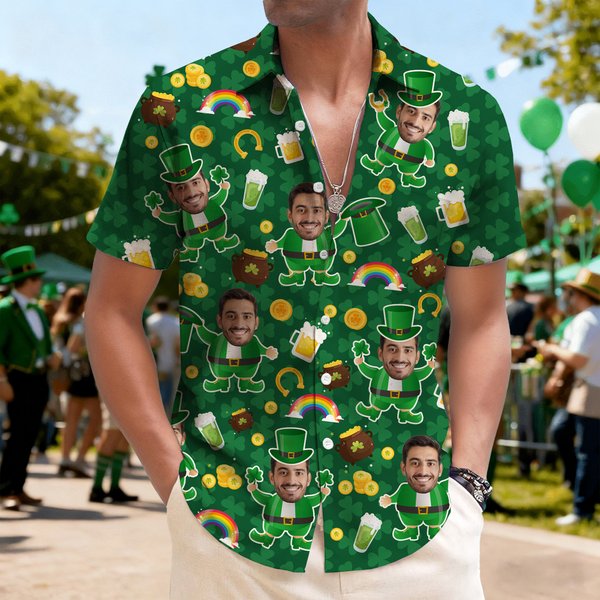 Personalized Funny Face Photo Hawaiian Shirt Pub Patty Essential Saint Patrick's Day Gift for Man Dad Family