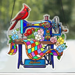 Personalized Cardinal Sewing Machine Name Imitation Stained Glass Suncatcher Acrylic Ornament Home Decor Daily Use Birthday Gift for Mom Family Friend
